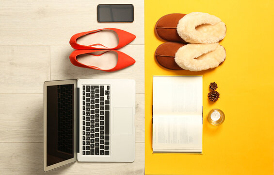 Flat Lay Composition With Business Items And Home Accessories On Color Background. Concept Of Balance Between Work And Life