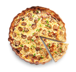 Delicious pie with mushrooms and cheese isolated on white, top view