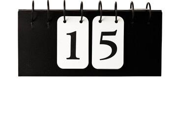 Close up view of calendar with selected date 15 isolated on white background. 
