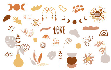 Boho icon set. Boho highlights cover. Bohemian abstract shapes clipart in terracotta color earth tone elements shapes