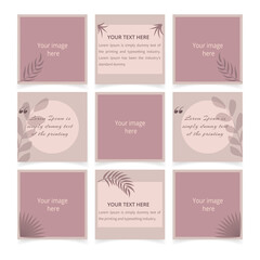 Set of editable square banner templates. Social media posts. Minimal background with shadows overlay effects of a leaf. Can be used for social media post, banners, story and web internet ads