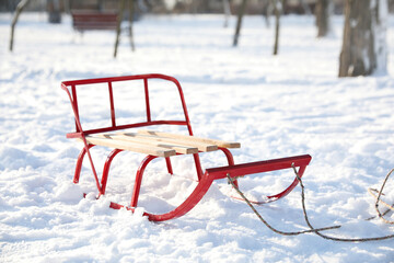 Empty sleigh in snowy park on sunny winter day