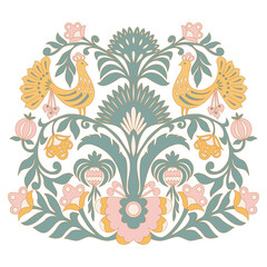 Ethnic floral ornament with leaves, flowers, berries and bird.