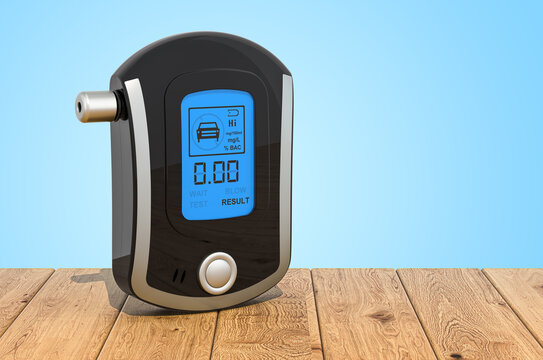 Breathalyzer, portable breath alcohol tester on the wooden planks, 3D rendering