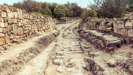 Ancient stone road. Museum Residency of Crimean Khan. Old muslim cemetery. Muslim culture Bakhchisaray, Crimea.