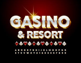 Vector premium logo Casino and Resort with Decorative Elements. White and Gold 3D Font. Luxury Alphabet Letters and Numbers set