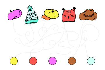Match the color of the hats. Developmental tasks for children. Matching game. Activity page with color pictures. Vector illustration.