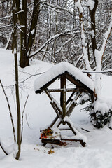 View on a feeder for wild animals in forest in winter