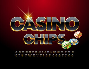 Vector elite sign Casino Chips. 3D Gold and Black Font. Luxury Alphabet Letters and Numbers set