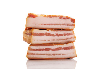 Traditionally smoked bacon isolated on white background.