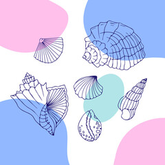  Vector set of seashells and starfish. Vector line art for print, desing, fabrick, on colored background.