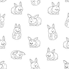 Black white Repeat seamless pattern of rabbits with different emotions for coloring book. Happy, unhappy, wondered, in love and sad bunnies