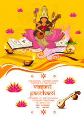 Obraz premium Illustration of happy vasant panchami indian festival background with Easy to edit vector illustration of Goddess Saraswati and hindi text meaning 'vasant' with decorative beautiful background 