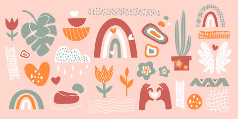set  doodle style drawings of various shapes and objects. Abstract isolated modern trendy vector illustration in pastel colors