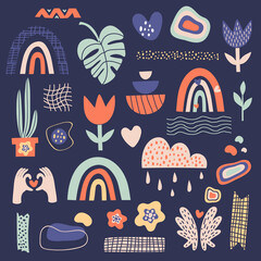 set  doodle style drawings of various shapes and objects. Abstract isolated modern trendy vector illustration on blue background