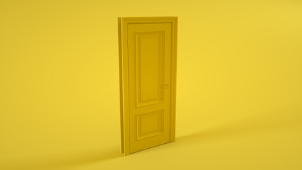 Closed door isolated on yellow background. 3d illustration