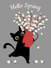 Spring greeting card "Hello Spring". Black funny cat with a bouquet of cute lilies of the valley for printing on T-shirts, pillows, cups. 