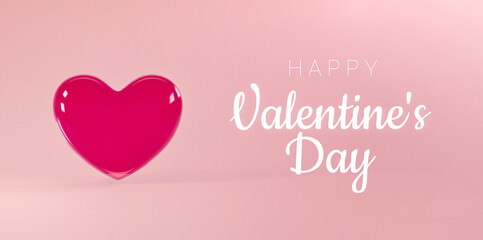 Valentines day background with flying realistic glass heart and happy valentines day text. For website, wallpaper, invitation, posters, brochure, banners.