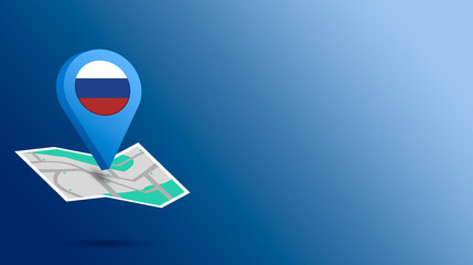 Location icon with Russia flag on map 3d render. Gps signs. location pin with city,country map. Pin gps withcountry flag.