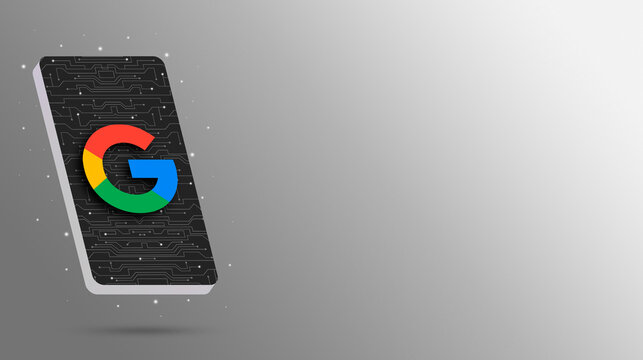 Google Logo Icon On Phone Screen On Technology Background 3d Rendering. Database Concept. Social Isometric Banner.  Technology Mobile Concept. Digital Whatsapp. Social Media Icons.