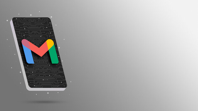 Gmail logo icon on phone screen on technology background 3d rendering. Database concept. Social isometric banner.  Technology mobile concept. Digital whatsapp. Social media icons.