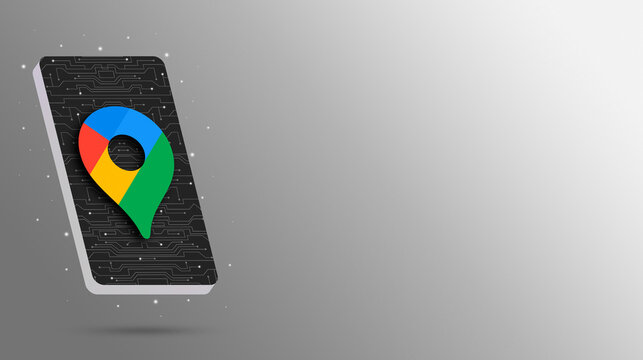 Google maps logo icon on phone screen on technology background 3d rendering. Database concept. Social isometric banner.  Technology mobile concept. Digital whatsapp. Social media icons.