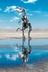 cyber raptor is looking around on the desert after rain