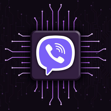 Viber logo icon on realistic cpu technology background 3d rendering. Database concept. CPU isometric banner. Central Computer Processors CPU concept. Digital chip whatsapp. Social media icons.