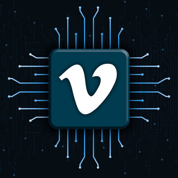 Vimeo logo icon on realistic cpu technology background 3d rendering. Database concept. CPU isometric banner. Central Computer Processors CPU concept. Digital chip whatsapp. Social media icons.