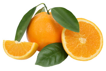 Orange fruit oranges slices vegan leaves isolated on white