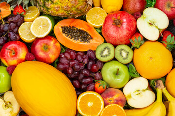 Food background fruits collection apples berries kiwi oranges fruit