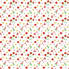 Raspberry, currant and flowers seamless pattern. Summer berries illustration