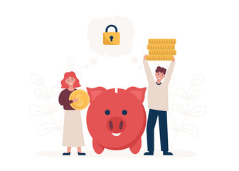 Young couple saving money, concept piggy bank. Money management, 
investment, savings and accumulating coins. Flat vector cartoon modern illustration.