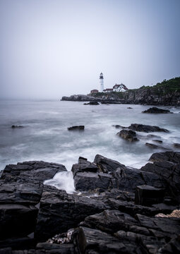 Foggy morning off the shore of Maine with the Portland Head Light