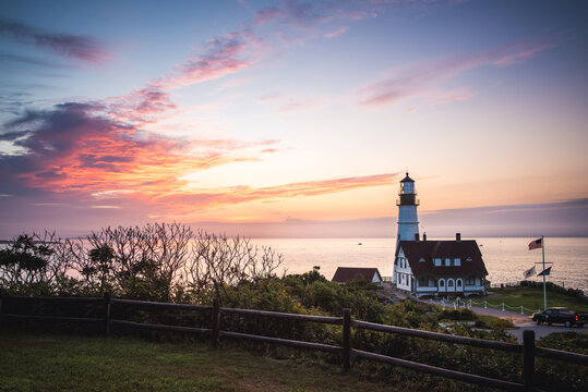 Sunrise at the Portland Head Light lighthouse in Cape Elizabeth, Maine