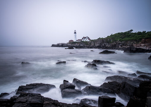 Foggy morning off the shore of Maine with the Portland Head Light