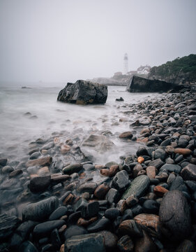Foggy morning off the shore of Maine with the Portland Head Light