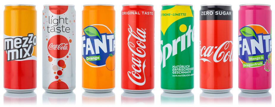 Coca Cola Coca-Cola Fanta Sprite products lemonade soft drinks in cans isolated on a white background