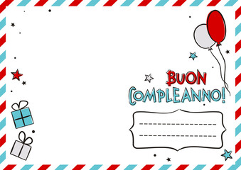 Fototapeta premium Italian Happy Birthday postcard with balloons and gift boxes. Cute greeting card. Hand drawn envelope. Vector festive illustration for Italy. Translation: Happy Birthday