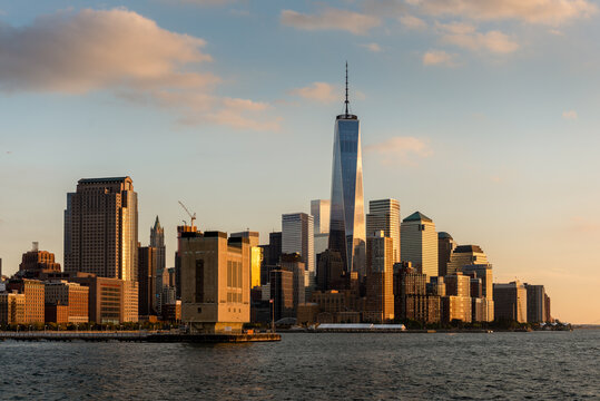 Lower Manhattan and WTC skyline area at golden hour in Manhattan