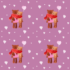 Watercolor illustration seamless pattern, print, cute bears with hearts on a lilac background