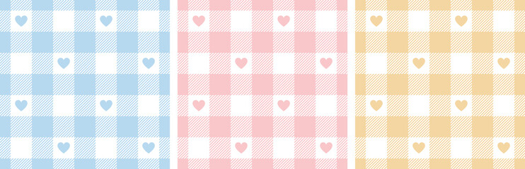 Gingham patterns with hearts in pastel pink, blue, yellow, white. Seamless tartan vichy check plaid for dress, shirt, tablecloth, napkin, or other modern Valentines Day or Easter holiday print. - 409088356