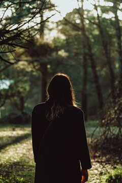 portrait of rear view of backlit young woman in the middle of the forest walking