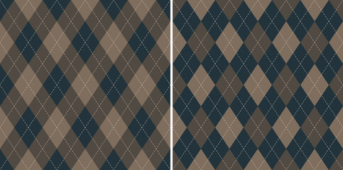 Argyle patterns in blue, brown, beige. Traditional geometric vector argyll dark background for gift wrapping, socks, sweater, jumper, or other modern autumn winter fashion fabric design.