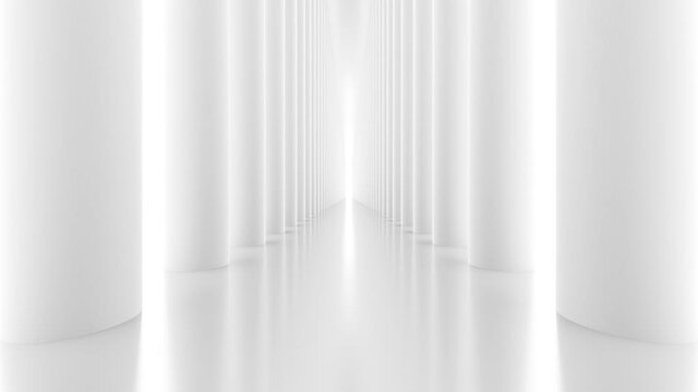 Futuristic empty white corridor with columns and bright light. Seamless looping animation