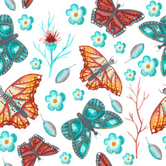 Fototapeta na wymiar Watercolor seamless pattern with colorful butterflies and flowers.