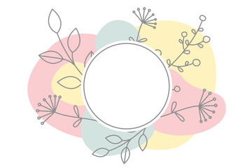 Abstract modern banner with shapes, branch of leaf and flower. Circle frame. Flat vector illustration isolated on white background.