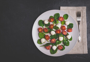 Salad with mozzarella and baby spinach on light ceramic plate, linen napkin and silver fork. Matte toned
