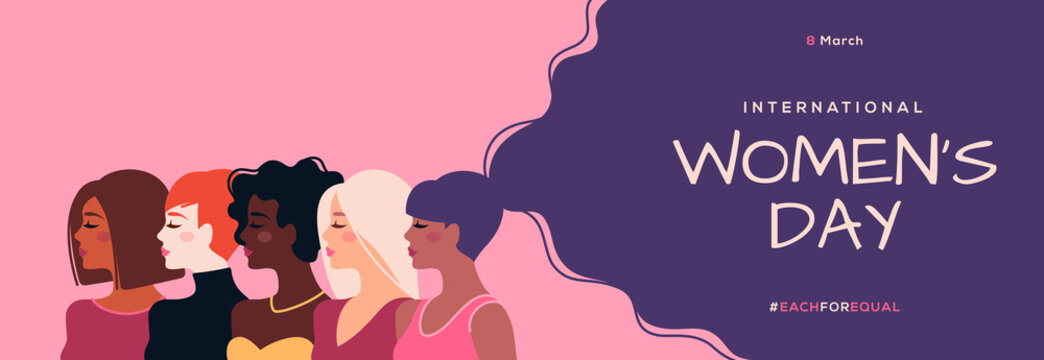 International Women's Day horizontal banner. Vector illustration. Woman of different nationalities. Struggle for freedom, equality and independence concept, 8 March. Female diverse faces