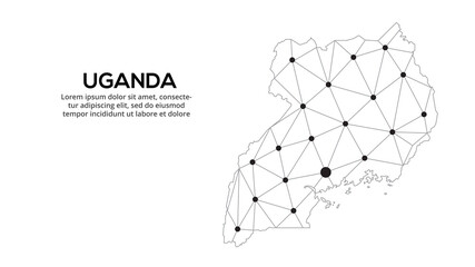 Fototapeta na wymiar Uganda communication network map. Vector low poly image of a global map with lights in the form of cities. Map in the form of a constellation, mute and stars.